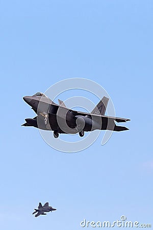 United States Air Force USAF Lockheed Martin F-22A Raptor fighter aircraft from Hickam Air Force Base in Hawaii on approach to l Editorial Stock Photo