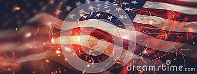 United states of America celebration with sparklers and blurred American Flag On Vintage Background. Concept of Fourth of July, Stock Photo