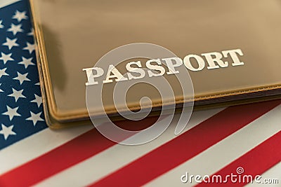 United States of America citizen Passport with biometric ID on USA national flag. Personal identification document Stock Photo