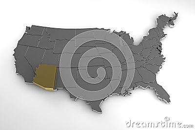 United states of America, 3d metallic map, whith arizona state highlighted. Stock Photo