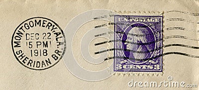 The United states of america - 22 Dec 1918: American historical stamp: three cents with George Washington with black ink postal ca Editorial Stock Photo