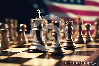 United States of America flag and chess board. Conceptual image of political, economic, social or economic crisis. generative AI Cartoon Illustration