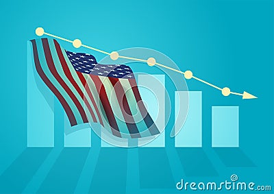 United States Of America flag on decreasing graphic chart Vector Illustration