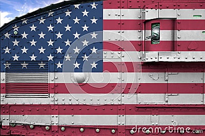 United States of America flag depicted on side part of military armored tank closeup. Army forces conceptual background Stock Photo