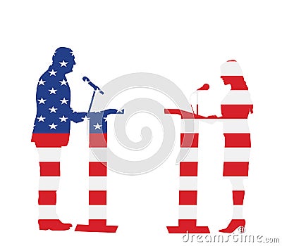 United States of America flag over election campaign vote duel. Public speaker on stage vector Vector Illustration