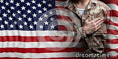 United States of America flag and soldier with hand on his heart. 3d illustration Cartoon Illustration