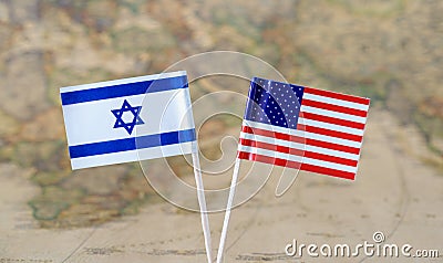 The United States of America and Israel flag pins on a world map background, political relations concept Stock Photo