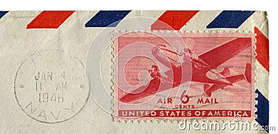 The United states of america - 4 Jan 1946: American historical stamp: six cents airmail with transport and passenger aircraft, bla Editorial Stock Photo