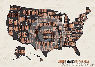 United States of America map print poster vintage design. Vector Illustration