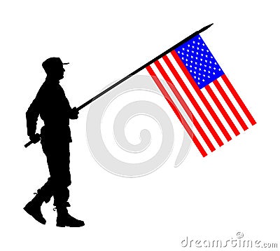 United States of America soldier with flag vector silhouette. Ceremonial day of independence. Memorial army saluting, national vet Vector Illustration
