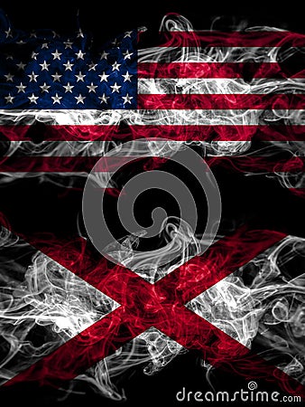 United States of America, America, US, USA, American vs Alabama, Alabamian smoky mystic flags placed side by side. Thick colored Stock Photo