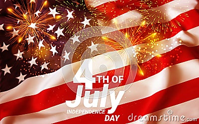United States of America USA Flag with Fireworks Background For 4th of July. Celebrating Independence Day. Eps10 vector Cartoon Illustration