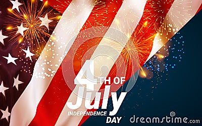 United States of America USA Flag with Fireworks Background For 4th of July. Celebrating Independence Day. Eps10 vector Cartoon Illustration