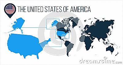 The United States of America USA map located on a world map with flag and map pointer or pin. Infographic map. Vector illustration Cartoon Illustration