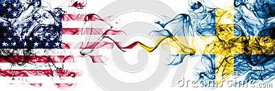 United States of America vs Sweden, Swedish smoky mystic flags placed side by side. Thick colored silky abstract smokes banner of Stock Photo