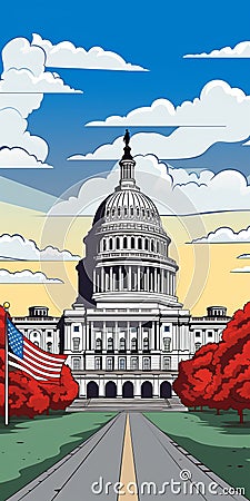 Colorized Cartoon Illustration Of United States Capitol Building In Roy Lichtenstein Style Cartoon Illustration