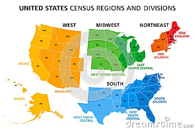 Map of United States split into Census regions and divisions Vector Illustration