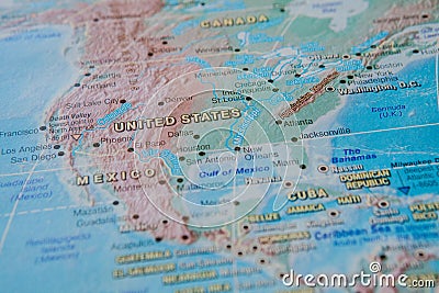 United States in close up on the map. Focus on the name of country. Vignetting effect Stock Photo