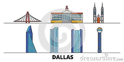 United States, Dallas flat landmarks vector illustration. United States, Dallas line city with famous travel sights Vector Illustration