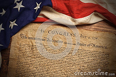 United States Declaration of Independence with a vintage American flag Stock Photo