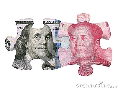 United States Dollar and Chinese Yuan Puzzle Pieces Isolated Stock Photo