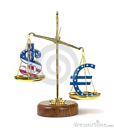 United States dollar symbol outweighed by a Euro symbol on a gold scale representing a stronger Euro currency Stock Photo