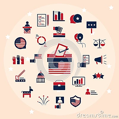 United States elections, political election campaign celebration icons set flat pack Vector Illustration