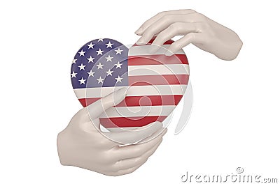 United states flag heart in hands isolated on white background. 3D illustration Cartoon Illustration