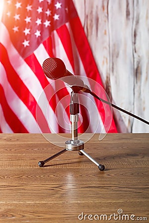 United States flag and microphone. Stock Photo