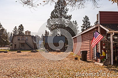 A United States flag seen in a backyard full of autumn leaves in Sisters Editorial Stock Photo