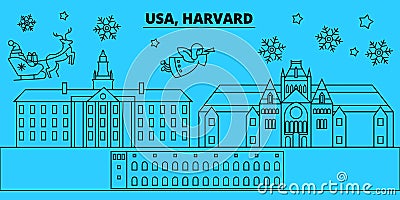 United States, Harvard winter holidays skyline. Merry Christmas, Happy New Year decorated banner with Santa Claus.United Vector Illustration