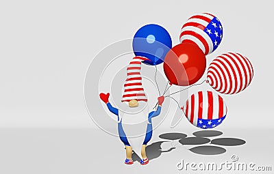 United States Independence Day gnome balloons 3D rendering. 4th of July national USA flag greeting card Labor day banner Stock Photo