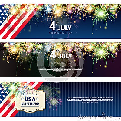 United States Independence Day Holiday 4 July Horizontal Banners Set Vector Illustration