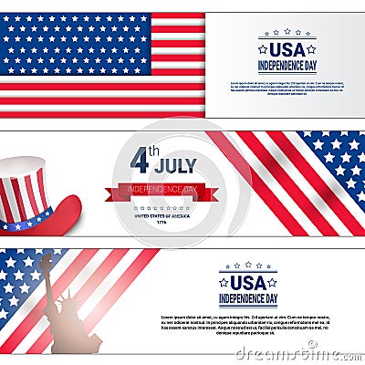 United States Independence Day Holiday 4 July Horizontal Banners Set Vector Illustration