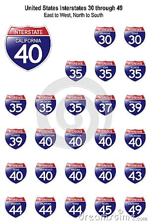 United States Interstate Signs I-30 to I-49 Vector Illustration