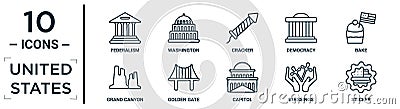 united.states linear icon set. includes thin line federalism, cracker, bake, golden gate, blessings, sticker, grand canyon icons Vector Illustration