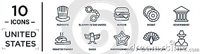 united.states linear icon set. includes thin line patriotic, burger, government, eagle, thanksgiving peacock, cowboy, roasted Vector Illustration