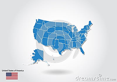 United States map design with 3D style. Blue usa map and National flag. Simple vector map with contour, shape, outline, on white Vector Illustration