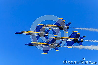 United States Navy Blue Angels aerobatic team's F-18 Hornet combat jets In flight at Fleet Week San Francisco, USA Editorial Stock Photo