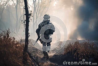 United States Navy special forces soldier in action during a tactical operation on a forest fire, Soldier walking through a smoky Stock Photo