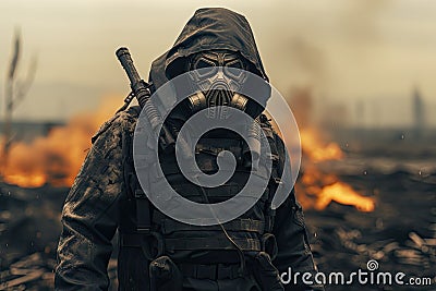 United States Navy special forces soldier in full gear and gas mask. A geared up army soldier stands and looks at the warfield, AI Stock Photo