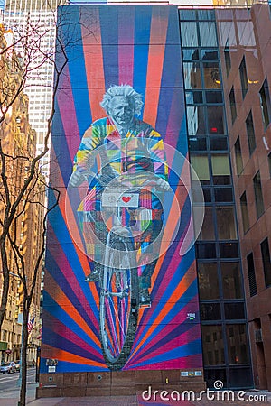 United States New York Street Art Albert Einstein on a bicycle technicolor mural created by Brazilian artist Eduardo Kobra Editorial Stock Photo