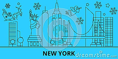 United States, New York winter holidays skyline. Merry Christmas, Happy New Year decorated banner with Santa Claus Vector Illustration