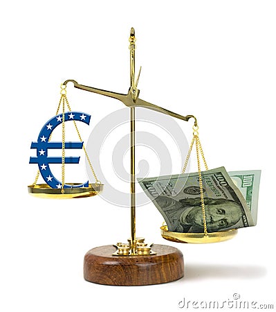 United States one hundred dollar bill outweighing Euro symbol on a gold scale representing a strong US currency and gdp Stock Photo