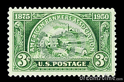 United States Post Office American Bankers Association 75th Anniversary Three Cent Stamp 1875-1950 Editorial Stock Photo