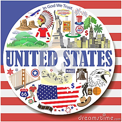 United States round background. Vector colored flat icons and symbols set Vector Illustration