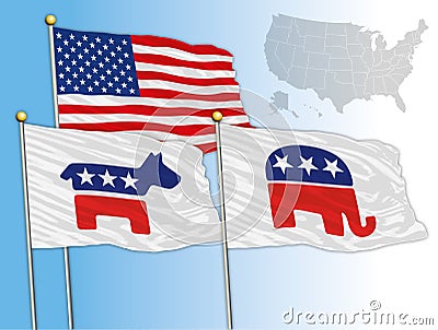 UNITED STATES - YEAR 2016 - Flags with symbols of the Democratic and Republican, u.s. presidential elections 2016 Editorial Stock Photo