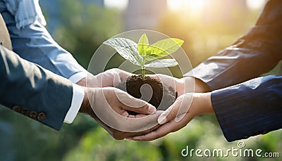 unity of business people and community together protecting small sprout with hand Stock Photo