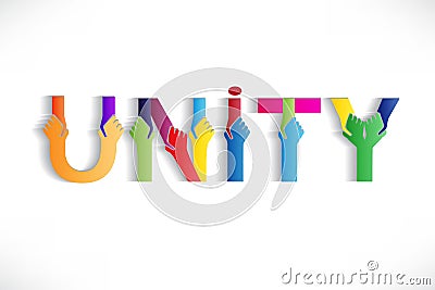 Unity colorful word text with handshaking hands logo Vector Illustration