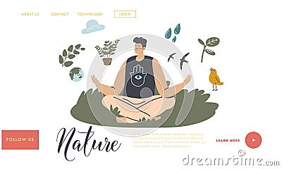 Unity with Nature Landing Page Template. Man Character Meditate Outdoors Sit in Lotus Yoga Asana Pose. Healthy Lifestyle Vector Illustration